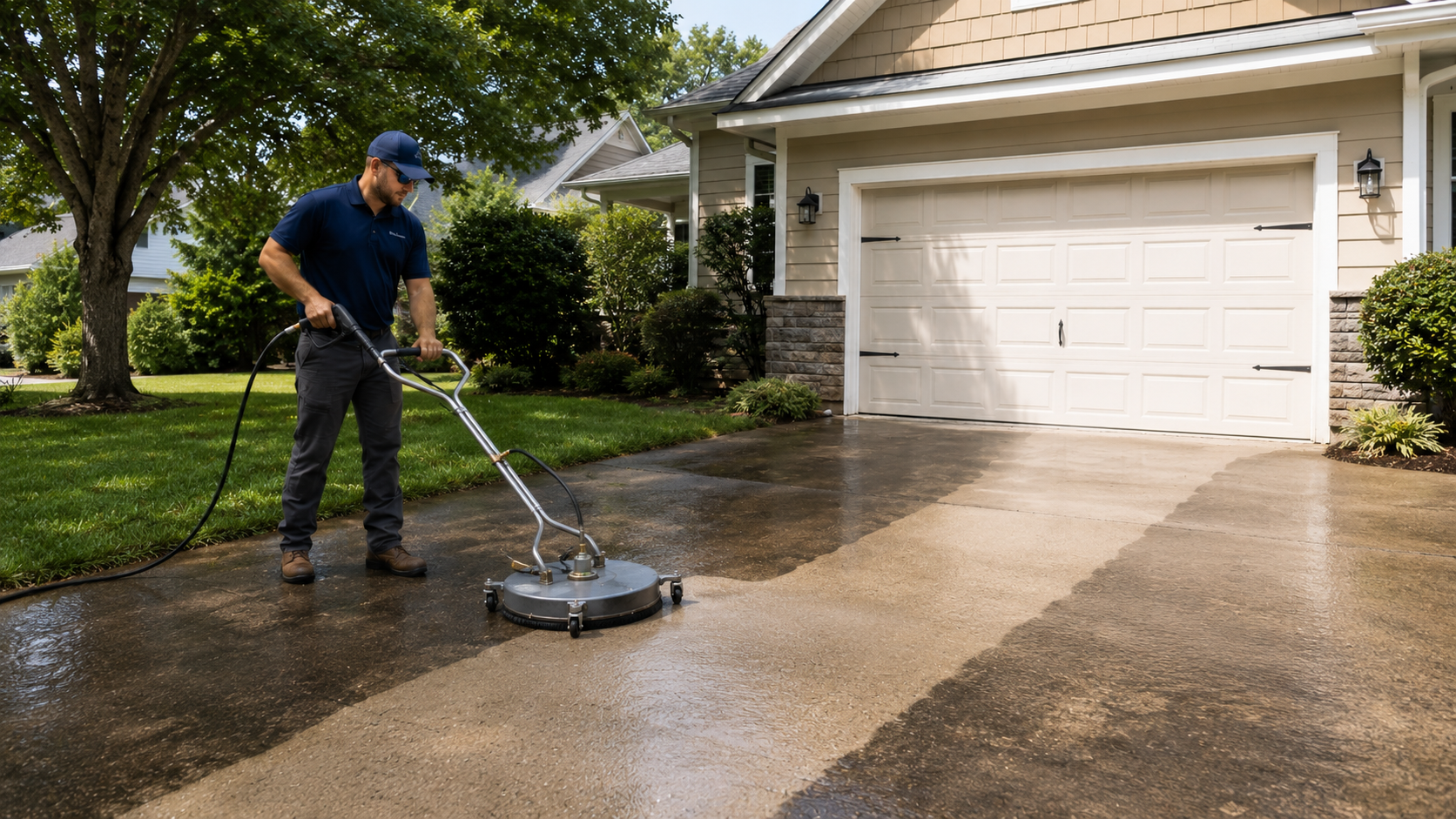 Coastal Surface Experts technician surface-cleaning a residential driveway